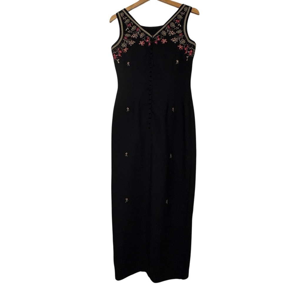 Vintage 90s Dress Black Floral Embroidered Maxi Sleeveless Size M - Picture 3 of 10
